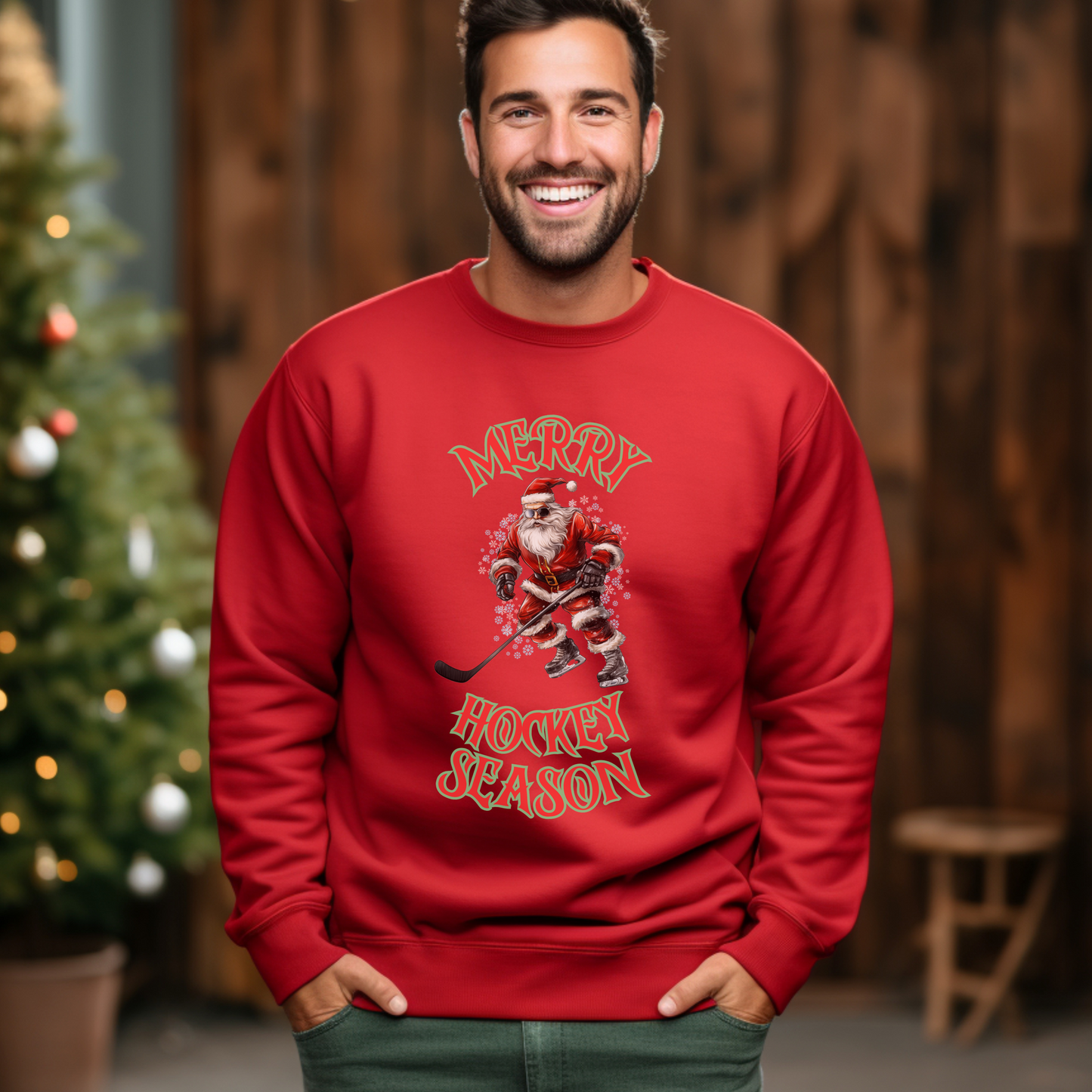 Santa Playing Hockey Christmas Sweater